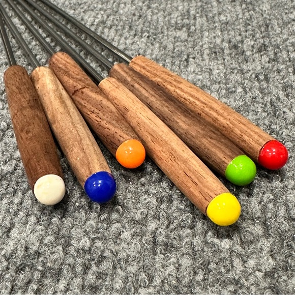 Vintage set fondue forks wood handles colorful tips mid century - Picture 2 of 4